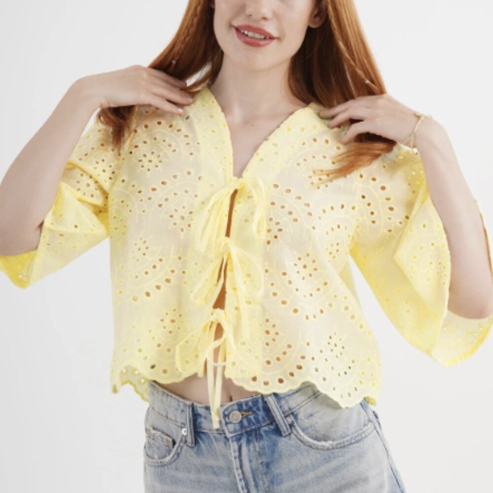 Joie yellow eyelet cropped kimono-style top